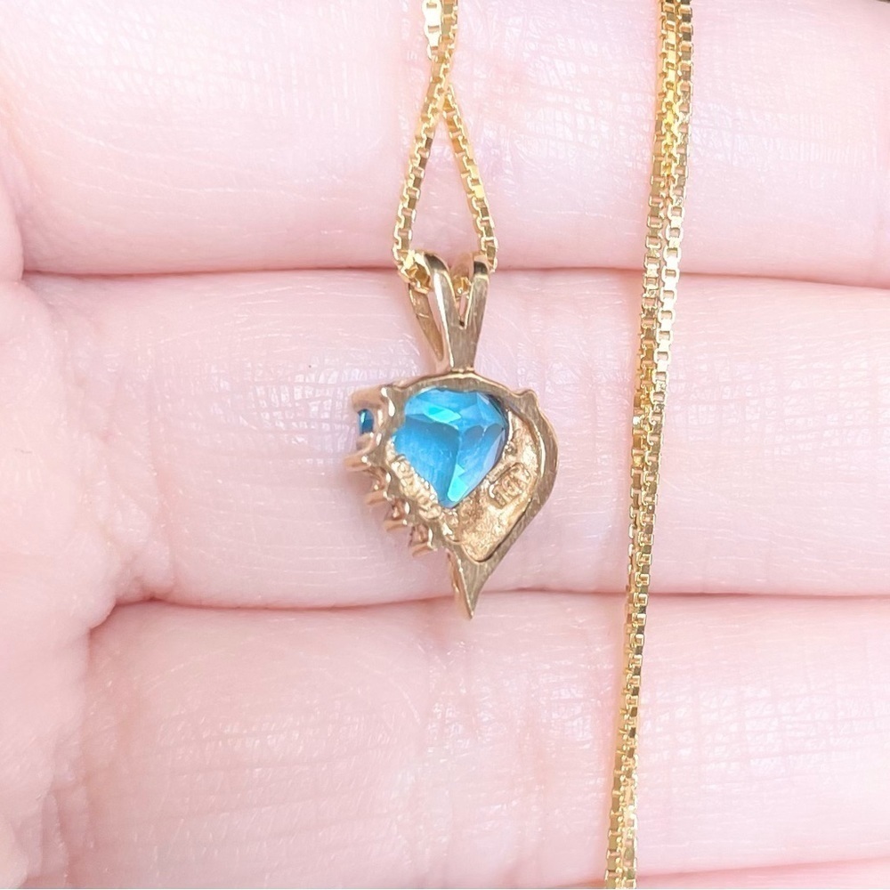 london blue topaz heart cut 10k solid yellow gold open heart diamond pendant - Picture 7 of 9